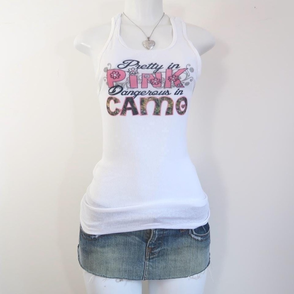 y2k realtree slogan tank pretty in pink dangerous in camo